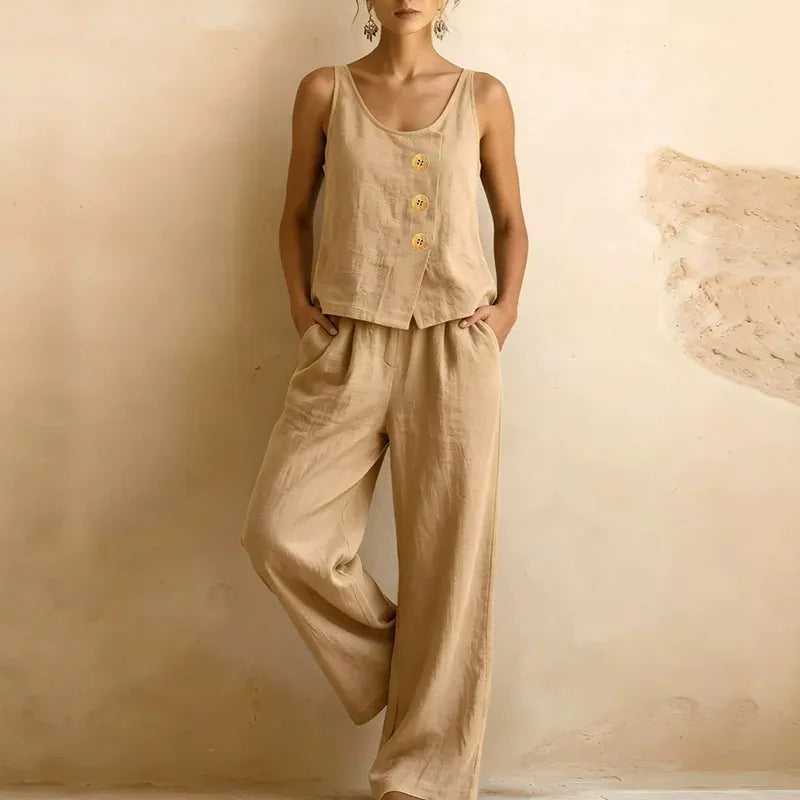 Women's Linen-Blend Sleeveless Crew-Neck Wide-Leg Pants Set