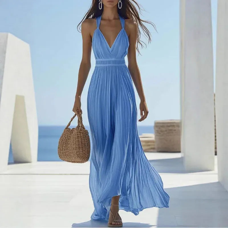 Women's Bohemian V-Neck Strappy Sleeveless Maxi Dress