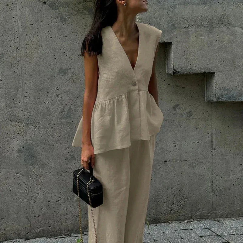 Women's Linen-Blend Sleeveless Ruffle Cotton Pants Set