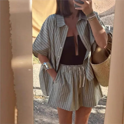 Women's Striped Short-Sleeve Printed Buttoned Shorts Set