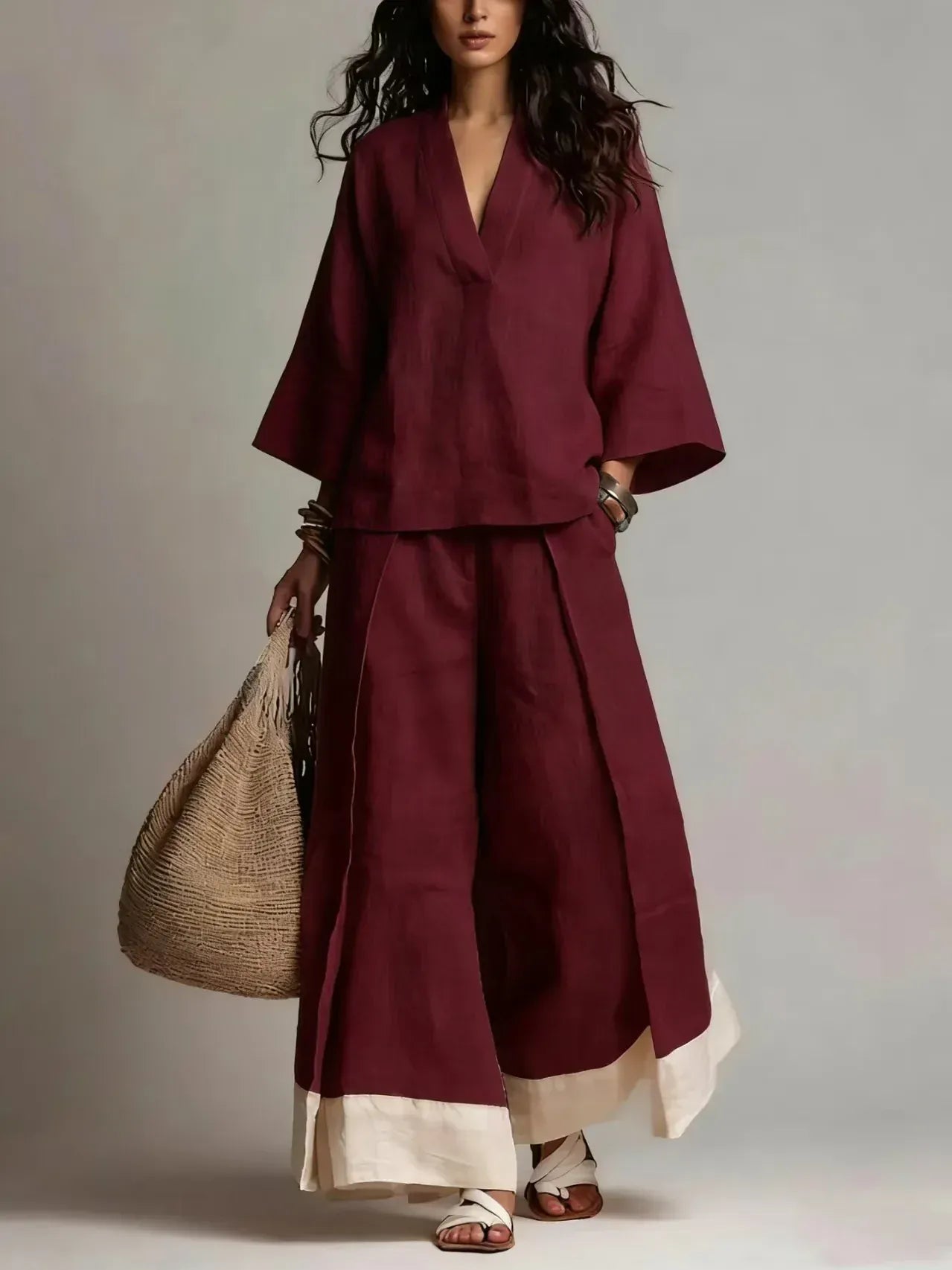 Women's Cotton-Linen V-Neck Wide-Leg French-Style Top and Pants Set