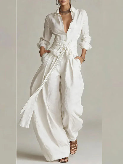 Women's Solid-Color Low-Neck Long-Sleeve Buttoned Vacation Top and Pants Set