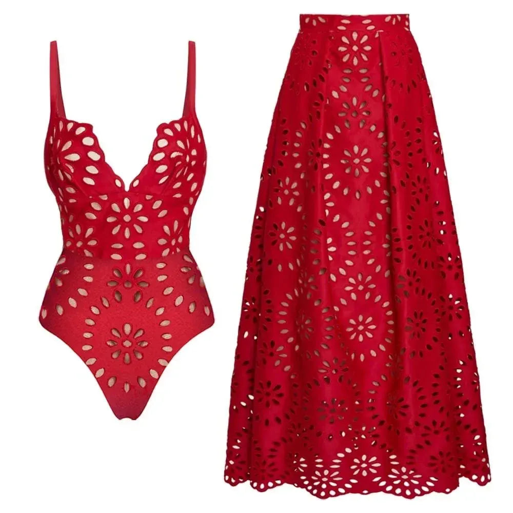 Women's Lace-Detail Solid-Color Backless Beach Two-Piece Set