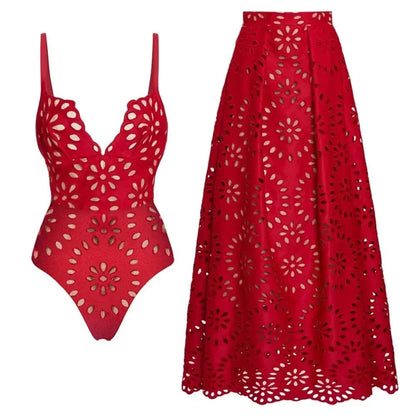 Women's Lace-Detail Solid-Color Backless Beach Two-Piece Set