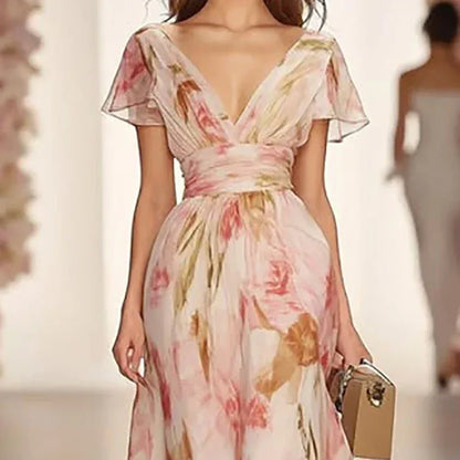 Women's Floral Bohemian Short-Sleeve High-Waisted Mini Occasion Dress
