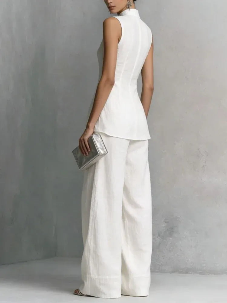 Women's Linen-Blend Vintage Sleeveless High-Waisted Pants Set