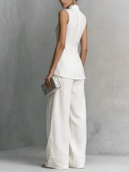 Women's Linen-Blend Vintage Sleeveless High-Waisted Pants Set