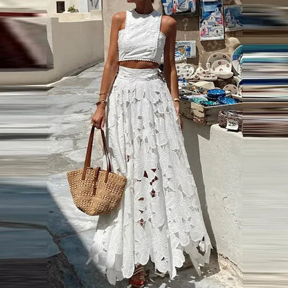Women's Openwork Crochet Embroidered Sleeveless Top and Skirt Set