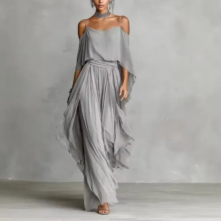 Women's Chiffon Off-Shoulder Relaxed-Fit Pants Set
