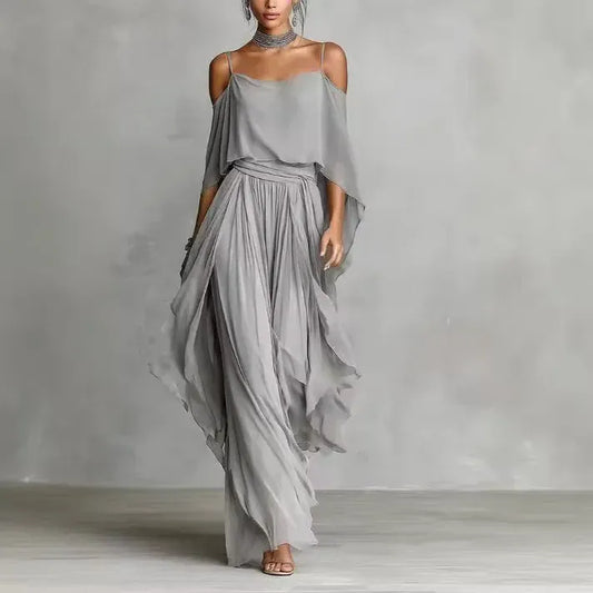 Women's Chiffon Off-Shoulder Relaxed-Fit Pants Set