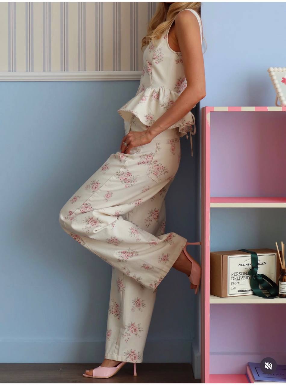 High-Waisted Wide-Leg Printed Pants Two-Piece Set